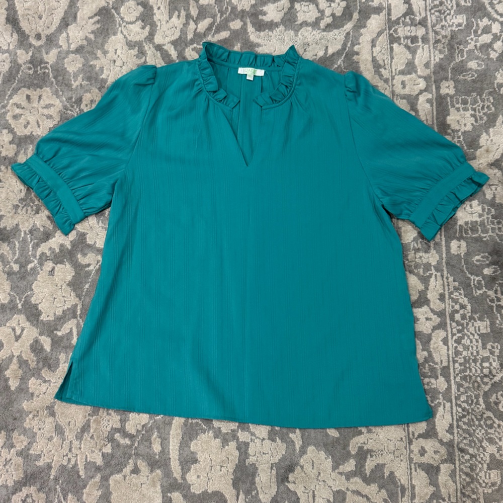 EUC Jade Melody Tam Teal Ruffle Sleeve and Collar Women's Top Size XL